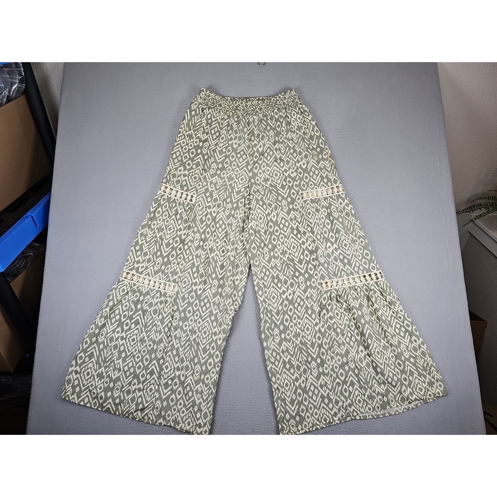 Love Wish Palazzo Pants Size Medium Green Flowy Bohemian Wide Leg Rayon